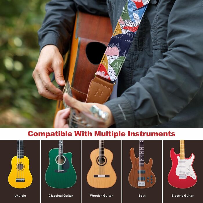 Японський гітарний ремінь Nefelibata з бавовни для акустичної гітари, укулеле, адаптер для голівки грифа в подарунок, медіатори та замок для ременя, регульована довжина 38'-64' (Бурхливі гори)