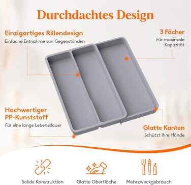 Органайзер для столових приладів Lifewit в шухляду, розширюваний 43.9 см, сірий, 40 см глибина, для кухні, ложок, ножів, лопаток