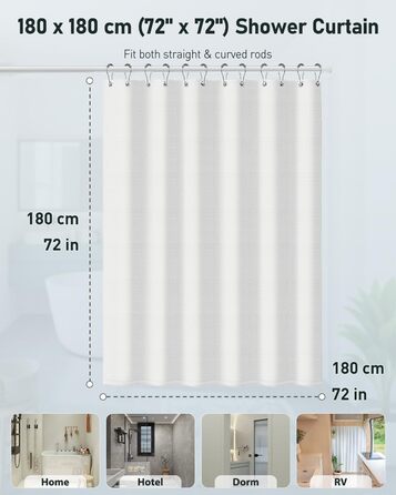Шторка для душу Uniclife Біла, 180x180 см, вафельна текстура, водовідштовхувальна, 100% поліестер, з 12 нержавіючими люверсами, з 12 металевими гачками та обтяженим краєм, H183 x B183 см (1 шт.)