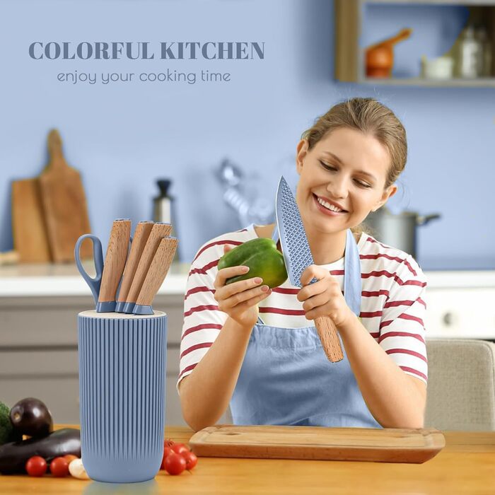 Набір кухонних ножів, 6 предметів: гострі ножі з нержавіючої сталі з антипригарним покриттям, набір для кухні з підставкою (блакитний)