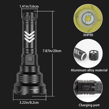 LED ліхтарик WholeFire 100000 люменів, XHP90, USB, 5 режимів, тактичний, для поліції, військовий, IP65, вологостійкий, пошуковий прожектор, комплект з акумулятором