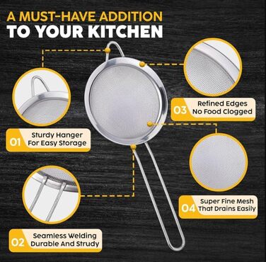 Набір сит Jojeys (20 см) - 3 розміри, нержавіюча сталь, кухонне сито для приготування та випікання, миється в посудомийній машині