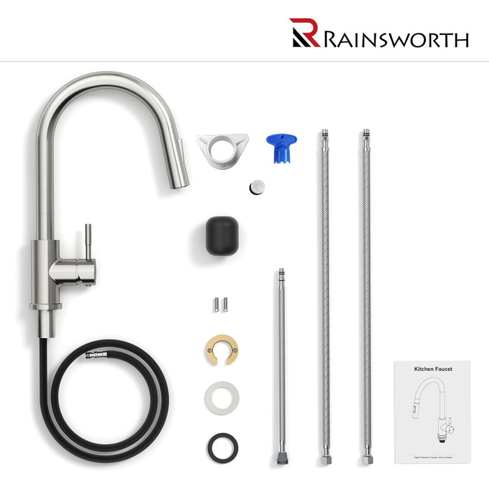 Кран кухонний Rainsworth з висувною лійкою та душем, 360° поворот, нержавіюча сталь, висота 56 см