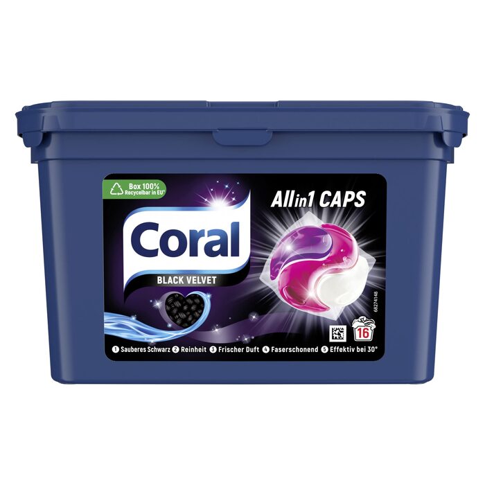 Капсули для прання темної білизни Coral Allin1 Black Velvet, тривалий аромат, 64 шт (4х16), 1356 г