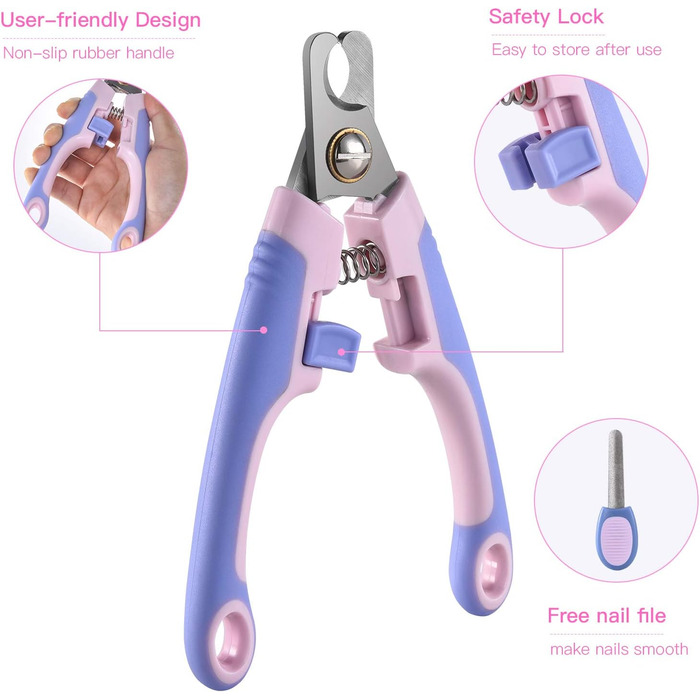 Професійна кусачка для собак та котів EooCoo, великих та середніх порід, з захистом, блокуванням та пилочкою для нігтів - ідеальний подарунок на Різдво, фіолетовий + рожевий