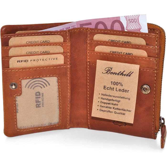 Benthill Small Wallet - Genuine Leather - Women's Wallet with RFID Protection - 6 Card Slots - Slim Wallet including Gift Box, Color: Brown