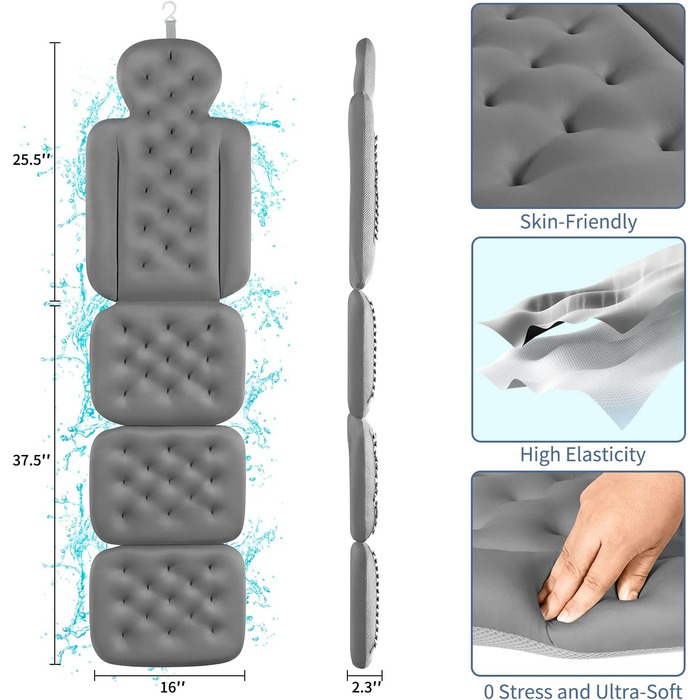 Подушка для ванни для всього тіла з 160 присосками, 129.5 x 40.6 см, сірого кольору. Підтримка голови та шиї, з мішком для білизни.