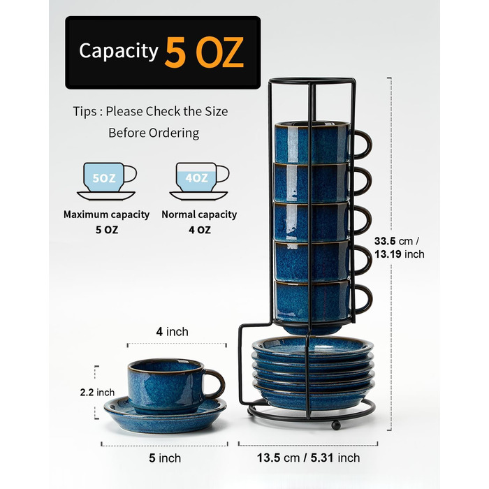 Набір кавових чашок Home Decor Espresso (6 шт) 140 мл, з підставками та стійкою, кераміка, реактивна глазур блакитного кольору для еспресо, капучино, лате