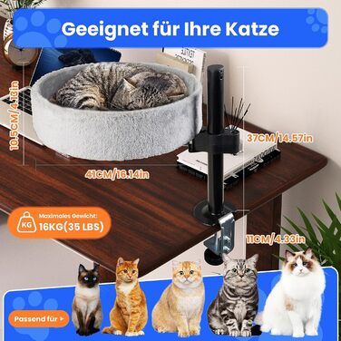 BSWAY Крісло-гніздо для кота на стіл - Покращена 360° обертання, регульована висота, без свердління. Підвищене котяче ліжко над столом. Тримає кошеня/кота близько, робочий простір вільний. Крісло-ліжко для кота на стіл (Сірий, XL)