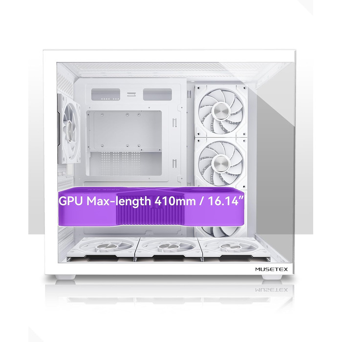 Ігровий корпус для ПК Musetex Y6 ATX Mid Tower, 7 ARGB PWM вентиляторів Infinity Mirror, панорамне загартоване скло 270°, USB Type-C, Білий