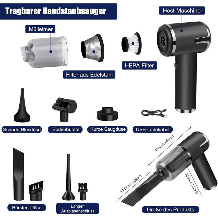 Акумуляторний пилосос AGARLE для авто, ручний міні-пилосос, багатофункціональний з насадкою, для видалення шерсті тварин, потужність 6000 Па