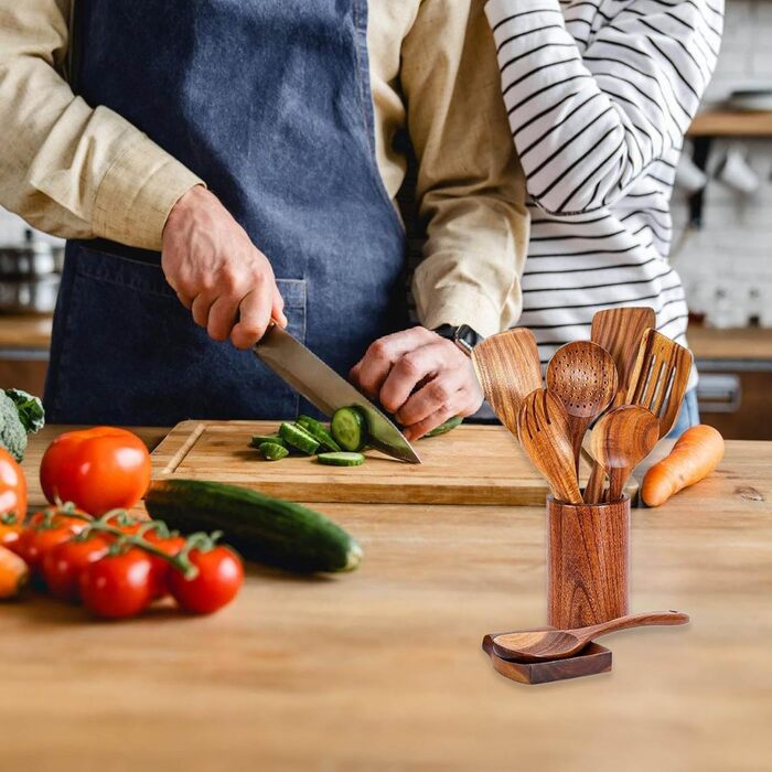 Набір дерев'яних ложок для приготування їжі (9 шт.) з підставкою - дерев'яні лопатки, ложки, половники