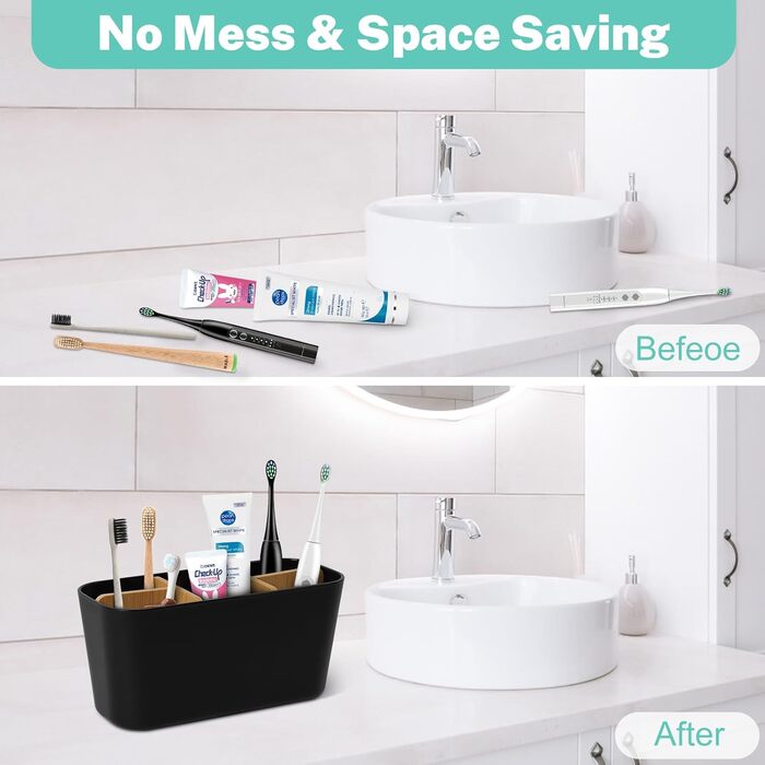 Підставка для зубних щіток з бамбуковими перегородками, органайзер для зубних щіток на 4 відділення + місце для пасти, чорний