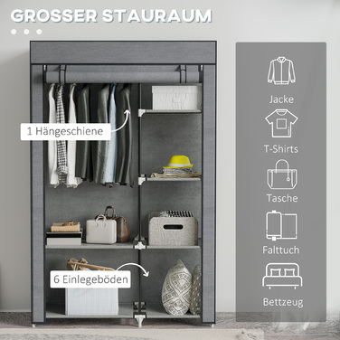 HOMCOM Clothes Closet Fabric Wardrobe with Clothes Rail, 6 Compartments, Foldable Wardrobe in Felt-like Fabric, Folding Closet for Bedroom, Hallway, Dark Grey, 103 x 43 x 162.5 cm | Aosom