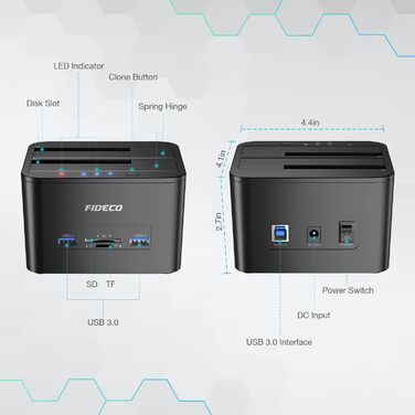 Док-станція для жорстких дисків FIDECO з двома відсіками, USB 3.0, підтримка UASP, TF/SD карт, для HDD/SSD SATA 2.5