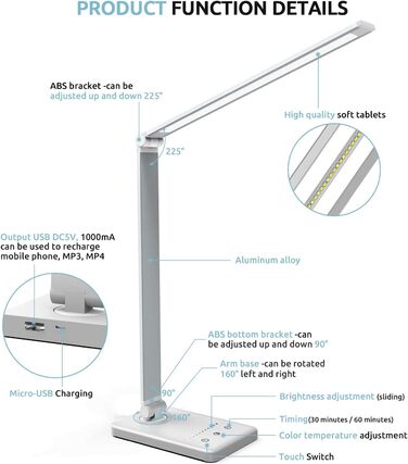 LED лампа настільна дитяча з регулюванням яскравості, 5 кольорів, 10 рівнів, захист очей, сенсорне керування, складана, з акумулятором 2500mAh, срібна