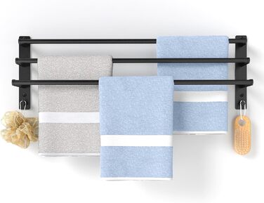 Тримач для рушників 80 см без свердління, чорний, з 3 стержнями, з нержавіючої сталі, з 2 гачками