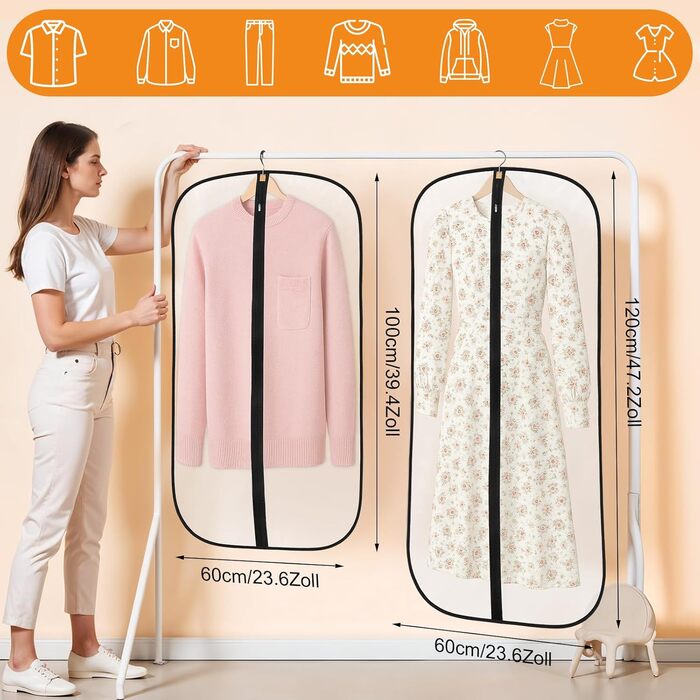 12 мішків для одягу Dntorx 60x100 см та 60x120 см, PEVA, прозорі, на блискавці