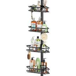 Bomclap Telescopic Shower Shelf, Metal Telescopic Rod Corner Shower Shelf with 4 Baskets, Telescopic Shelf Bathroom Shower Rack without Drilling for Bathtub and Bathroom, Height Adjustable 157-290cm, Black