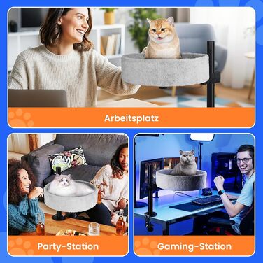 BSWAY Крісло-гніздо для кота на стіл - Покращена 360° обертання, регульована висота, без свердління. Підвищене котяче ліжко над столом. Тримає кошеня/кота близько, робочий простір вільний. Крісло-ліжко для кота на стіл (Сірий, XL)