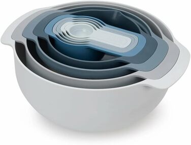 Joseph Joseph Nest 9 Plus 9-Piece Nesting Set with Large and Small Mixing Bowls, Colander, Sieve, 5 Measuring Cups, Sky Blue