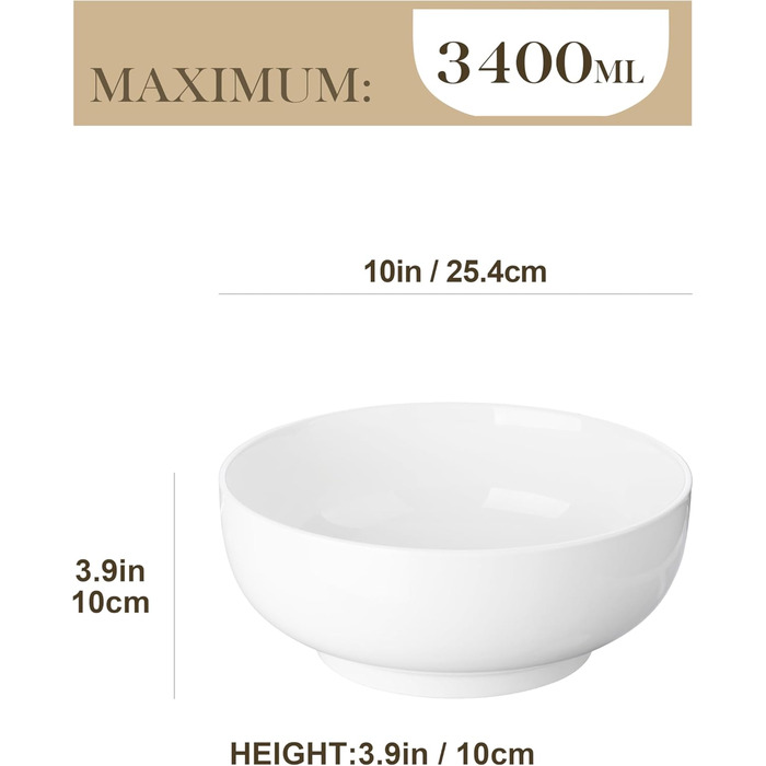 Набір супових та салатних мисок MALACASA (3 шт., 3.4L, 1.8L, 0.8L) з порцеляни. Підходить для супу, салату, рамену, фруктів та мюслі. Серія Regular (білий)