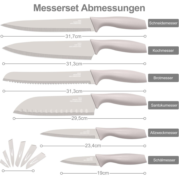 Набір кухонних ножів Homikit, нержавіюча сталь, 6 предметів, з захисним чохлом. Включає: кухарський ніж, ніж для м'яса, ніж для хліба, універсальний ніж, ніж для очищення овочів, сатокі. Антипригарне покриття, Khaki