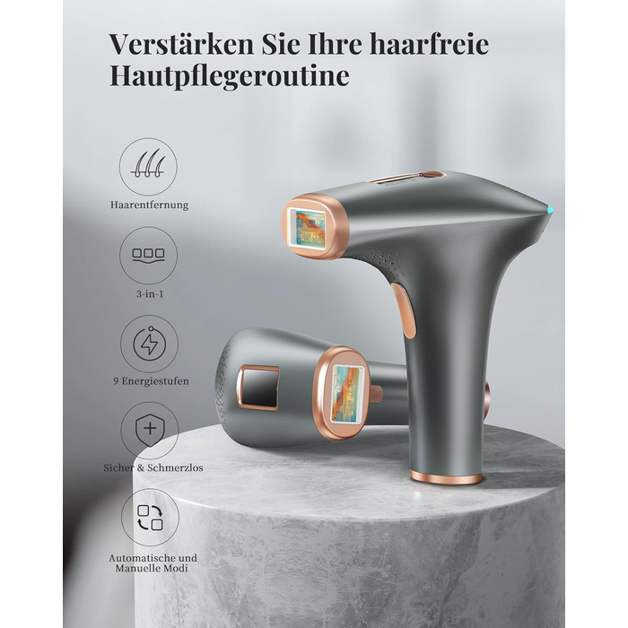 Пристрій для епіляції IPL Haarlosy: безболісна епіляція вдома для жінок та чоловіків, 9 рівнів, 999,900 імпульсів, 3 функції (HR/SC/RA), для тіла, ніг, зони бікіні, пахв. Чорний колір.