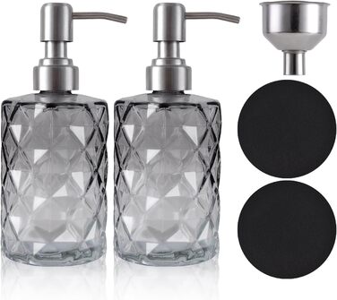 Дозатор мила скляний для ванної кімнати, наповнюваний помповий дозатор для кухні з нержавіючим тримачем, 2 підставки, 330 мл, вінтажний дозатор мила з матовим насосом (сірий)