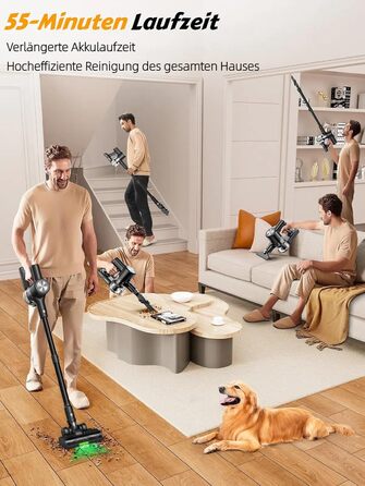 Бездротовий акумуляторний пилосос 48KPa/500W/55хв з LED-дисплеєм та станцією для зарядки, для прибирання шерсті тварин, килимів, твердих поверхонь та авто, чорний