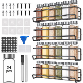 Спеція органайзер з 24 скляними баночками та етикетками, без свердління, настінний, підходить для стін та шаф, комплект з 4 шт.