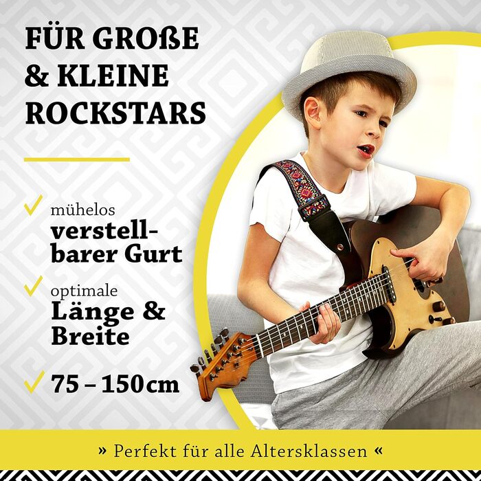 Гітарний ремінь Belfort® для електрогітари, акустичної гітари, бас-гітари та укулеле - для дорослих та дітей, з мікрофібри + E-BOOK (Vintage)