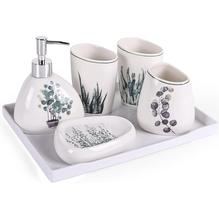 Bathroom Accessories Set, Gold Marble Look, Modern 6-Piece Bathroom Accessories Set, complete with soap dispenser, toothbrush holder, cup, tray, and countertop (Vegetal)