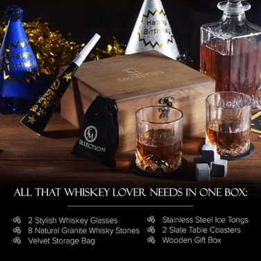 Набір для віскі: 8 гранітних охолоджувачів, 2 кришталеві келихи для бурбона та дерев'яна коробка. Ідеальний подарунок для чоловіків, батька, чоловіка, друга, начальника