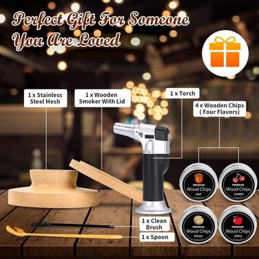 Набір для копчення віскі та коктейлів з факелом, 4 види копченої деревини, інфузор для напоїв, подарунок для любителів коктейлів, чоловікам, батькові, чоловікові, керівнику