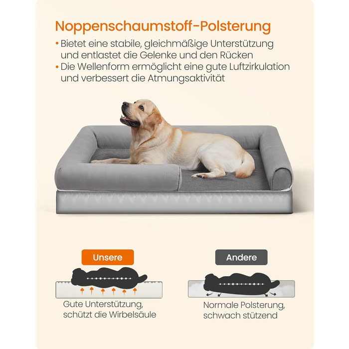 Feandrea Orthopedic Dog Bed, Dog Cushion, Dog Basket, Soft Padding, Dog Sofa, Raised Sides, Removable and Washable Cover, 91 x 71 x 20 cm, Non-Slip Bottom, PGW076G01 (L 135 x W 107 x H 25 cm, Light Grey)