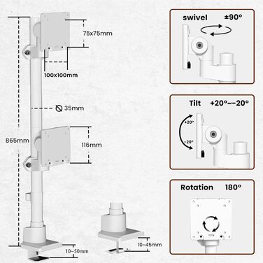 Кріплення для моніторів Halterung - 2 шт. один над одним, для моніторів 24-57 дюймів (плоских та вигнутих), вантажопідйомність 2-27 кг на кріплення, регулювання висоти, 2 варіанти монтажу/VESA 75/100 мм (білий)
