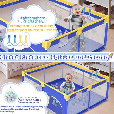 Дитячий манеж UISEBRT 150x180 см з 50 кульками, 4 кільцями, сумкою для перенесення, складаний, з дихаючою сіткою, синій з тваринами