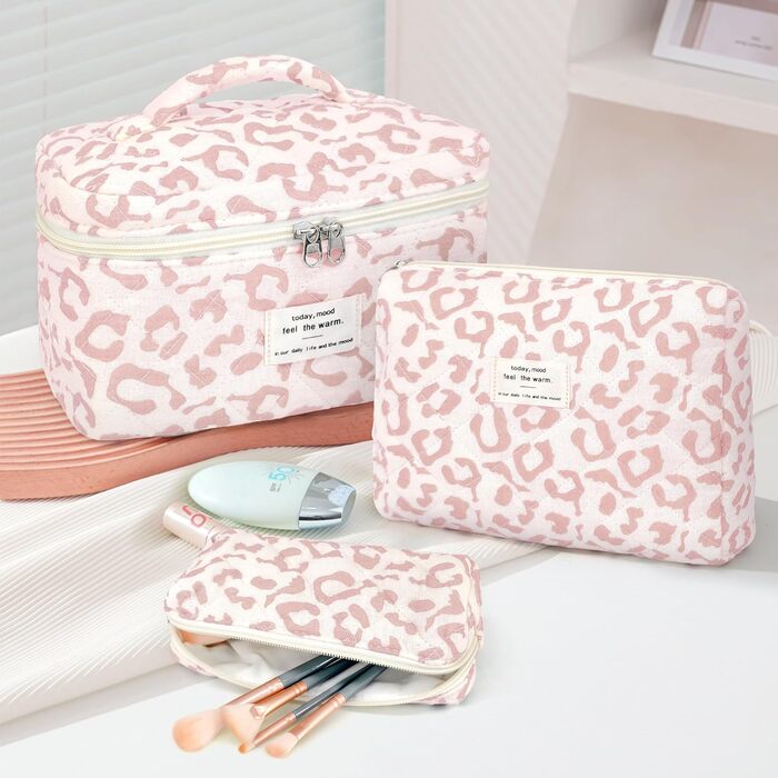 Набір косметичок для жінок: 3 шт. (рожевий леопард) - великі та маленькі, для макіяжу, подорожей, організації косметики