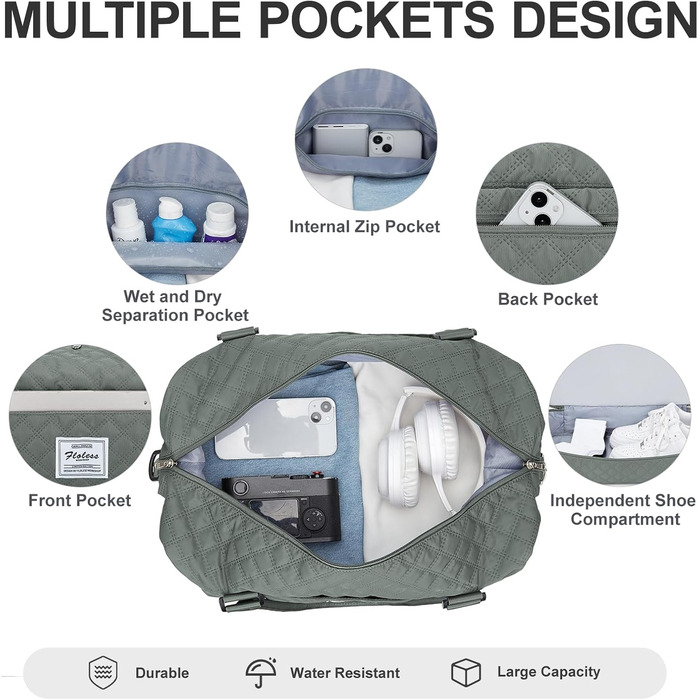 Спортивна сумка для жінок, дорожня сумка-дуffel, фітнес-сумка, дорожня сумка на вихідні з відділенням для взуття та косметичкою, водовідштовхувальна, бежева (E8-армійний зелений)