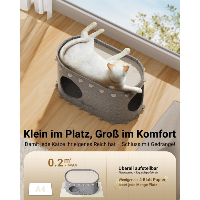 Будиночок для котів з фетру, лежанка для котів, будиночок-печеричка, 58 x 33 x 30 см, ігровий, зимовий, захист кігтів, сірий (один)