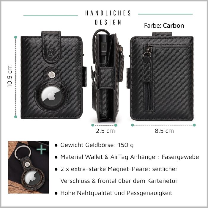 Will Fire® AirTag Wallet with Photo Pockets | Includes AirTag Attachment | Genuine Leather Wallet with Coin & Bill Compartments | Extra Secured RFID Card Holder | Space for up to (12) Cards | [Carbon]