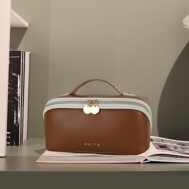 Косметичка велика містка для подорожей, водонепроникна з PU-шкіри, з прозорими роздільниками та ручкою (M, темно-коричнева)