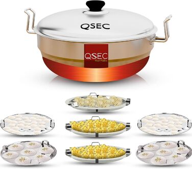 QSEC Пароварка для ідлі та докла з нержавіючої сталі, мультикастрюля з мідним дном, 7 тарілок, стійка для міні-ідлі, для приготування ідлі, докла, момо, багатофункціональна