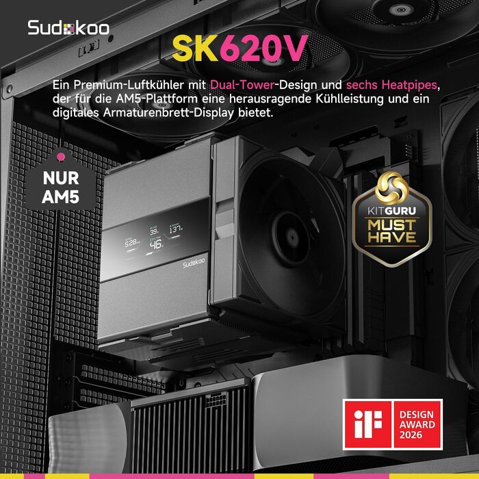 Кулер для процесора Sudokoo SK620V AM5: двосекційний башта (Dual Tower) з цифровим дисплеєм, 6 тепловими трубками та 2 PWM FDB вентиляторами 120мм
