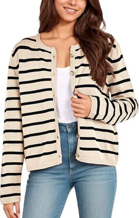 Жіноча коротка в'язана жилетка з двома кишенями на ґудзиках, смугаста, повсякденний осінній кардиган з круглим вирізом, модний в'язаний пуловер (L, Абрикосовий)