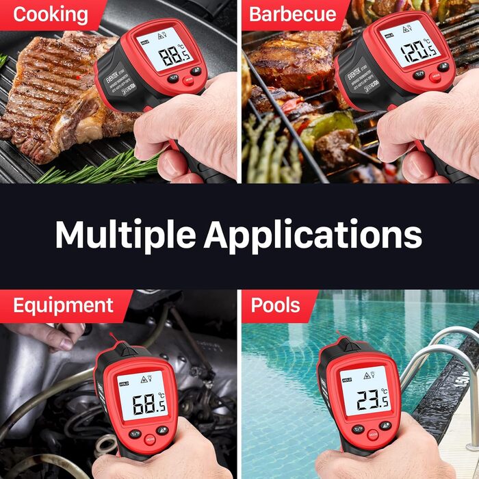 Інфрачервоний термометр Eventek -50°C до 600°C з лазером та LCD дисплеєм. Безконтактний термометр для піци, гриля, кухні та промисловості. Регульований коефіцієнт випромінювання (Не для людей). Червоний, діапазон -50°C ~ 500°C