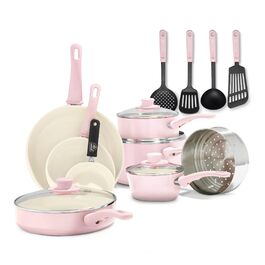 Набір посуду GreenLife Soft Grip Healthy Ceramic Antihaft, 16 предметів, рожевий: сковорода, каструля, сотейник, без PFAS, для індукції, посудомийна машина, духовка