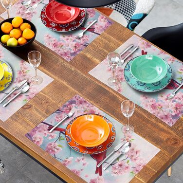 Giwawa Placemats with Spring Birds, 30.5 x 45.7 cm, red bird, cherry blossoms, floral pattern, stain-resistant, heat-resistant, linen, placemats for kitchen, dining table, seasonal party, indoor and