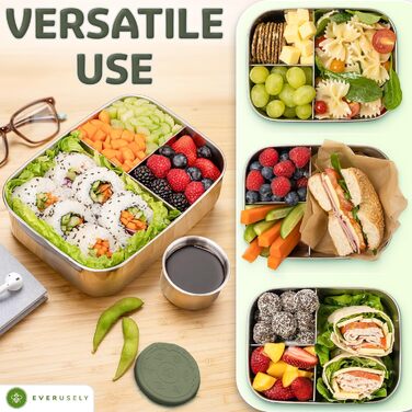 Everusely Ланчбокс Bento Box 0,8 л з нержавіючої сталі з контейнером для спецій та органайзером для перекусів (3 відділення)